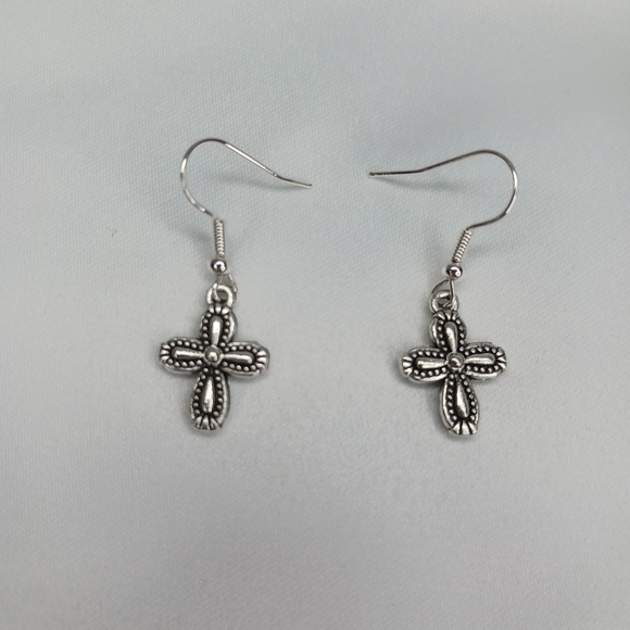 Chunky Silver Dotted Outline Cross Earrings. - Picture 2 of 2